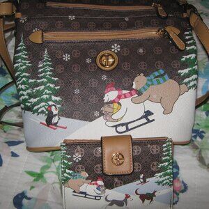 EUC Giani Bernini Winter Scene Crossbody and Matching Framed Indexer Wallet